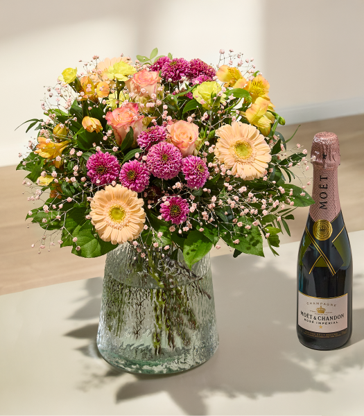 Blumenstrauß „Schön, dass es dich gibt“ mit Moët Rosé Champagner